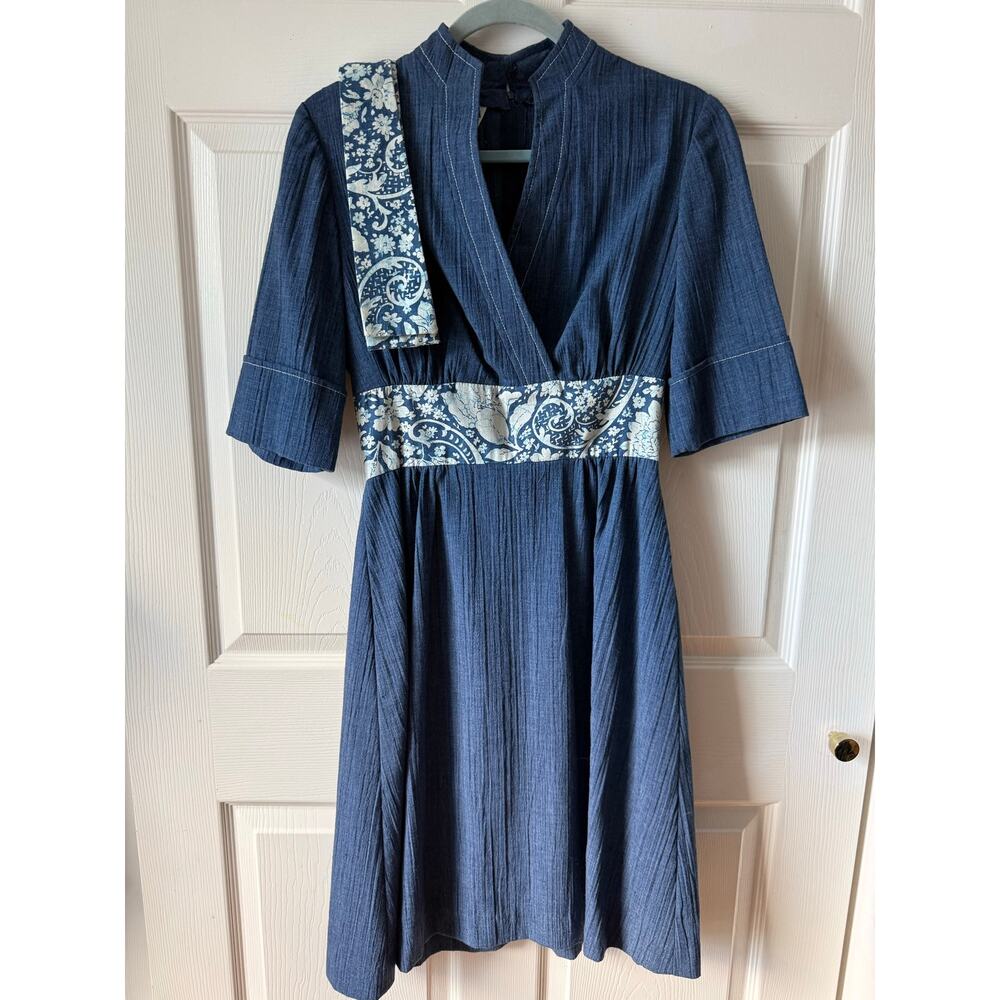 Melissa‎ Lane Vintage 80s 90s Chambray Denim Faux Wrap Dress w Scarf Size 8